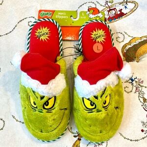 Men’s The Grinch Slippers Santa Claus Embroidered Plush House Shoes Size L 11/12